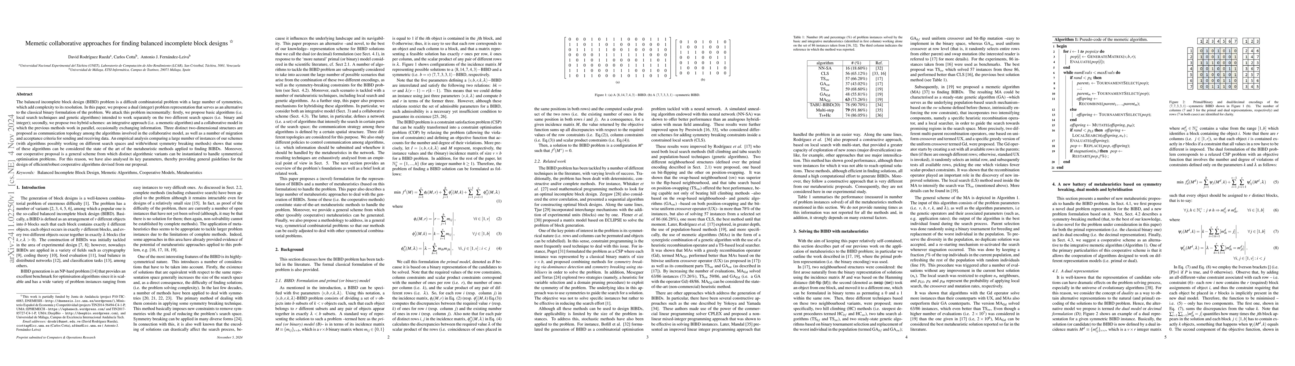 Thumbnail for Memetic collaborative approaches for finding balanced incomplete block
  designs