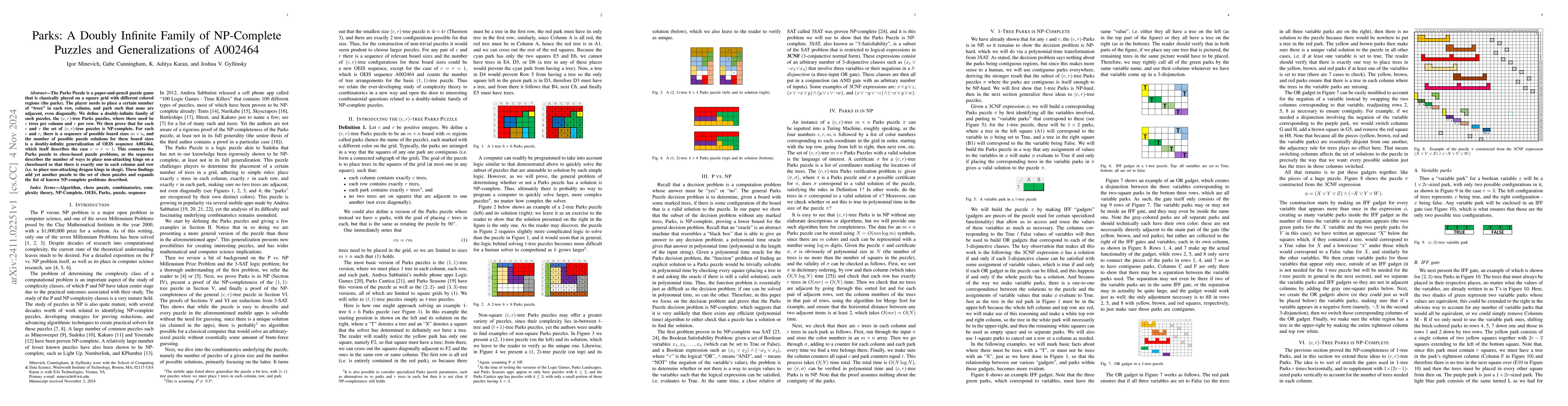 Thumbnail for Parks: A Doubly Infinite Family of NP-Complete Puzzles and
  Generalizations of A002464