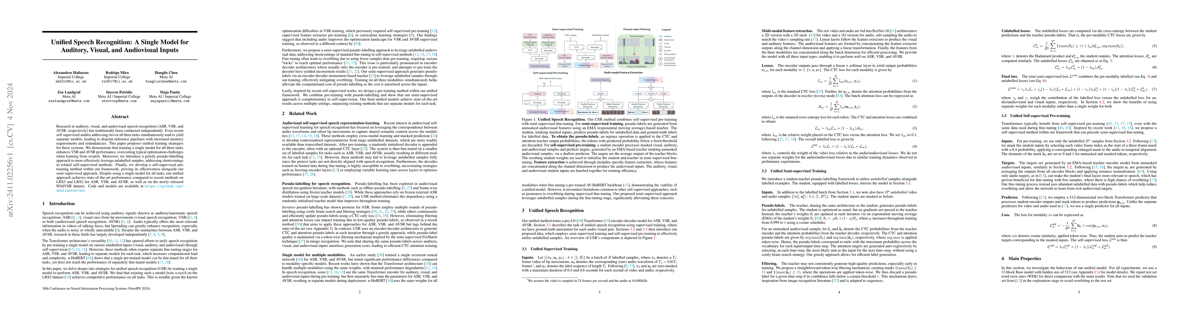 Thumbnail for Unified Speech Recognition: A Single Model for Auditory, Visual, and
  Audiovisual Inputs