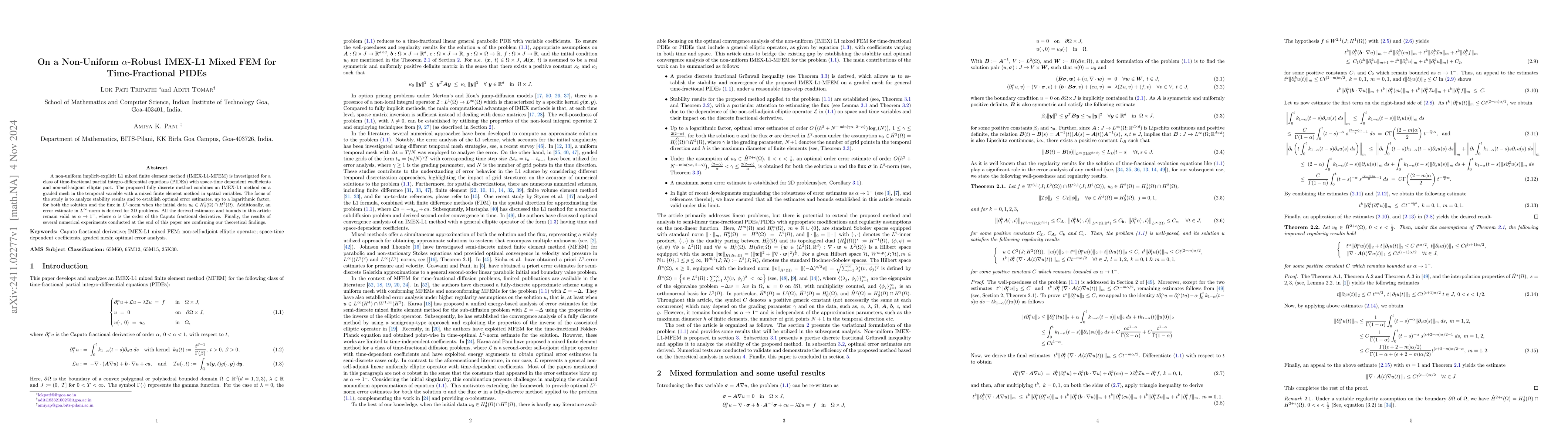 Thumbnail for On a Non-Uniform $α$-Robust IMEX-L1 Mixed FEM for Time-Fractional
  PIDEs