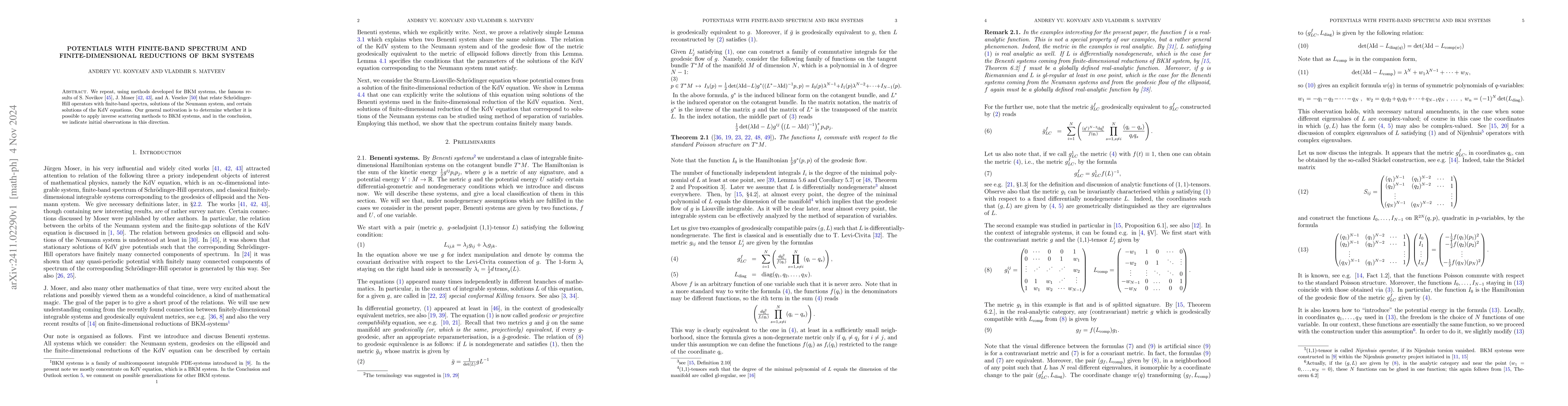 Thumbnail for Potentials with finite-band spectrum and finite-dimensional reductions
  of BKM systems