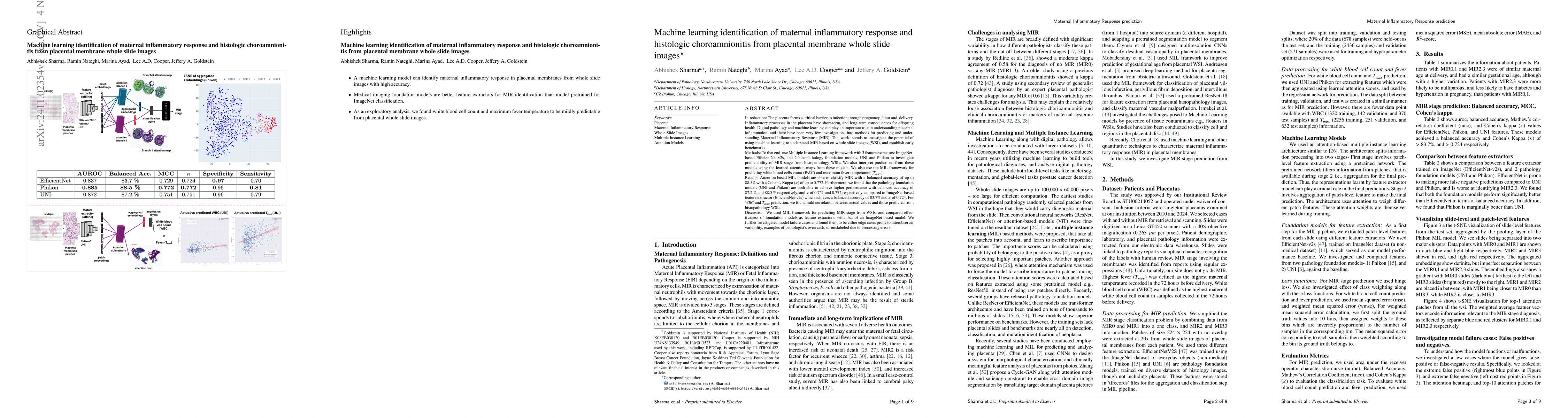 Thumbnail for Machine learning identification of maternal inflammatory response and
  histologic choroamnionitis from placental membrane whole slide images