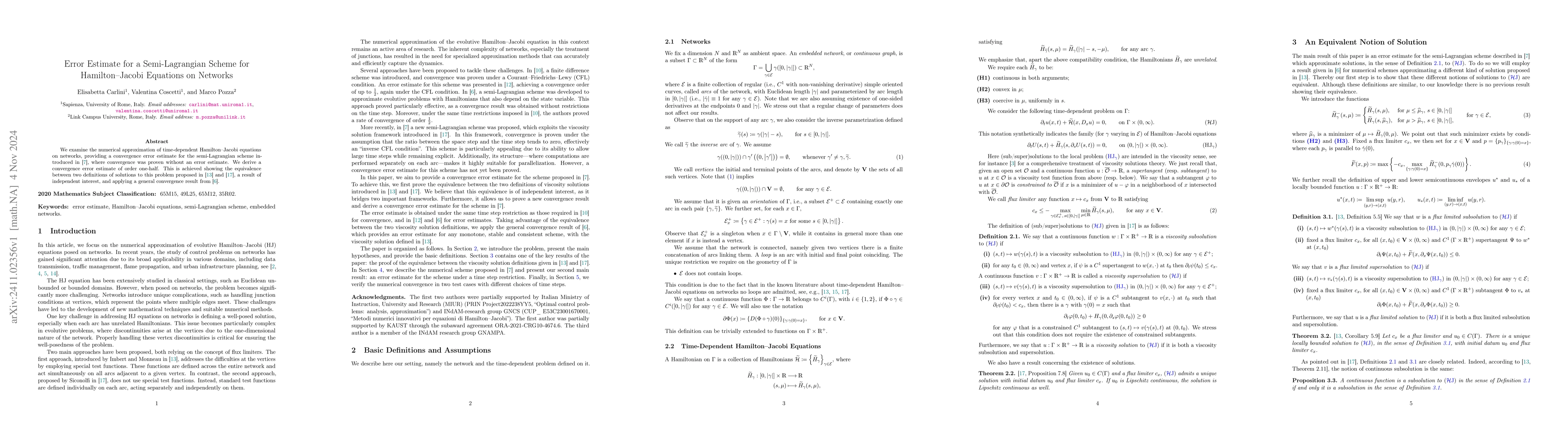 Thumbnail for Error Estimate for a Semi-Lagrangian Scheme for Hamilton-Jacobi
  Equations on Networks