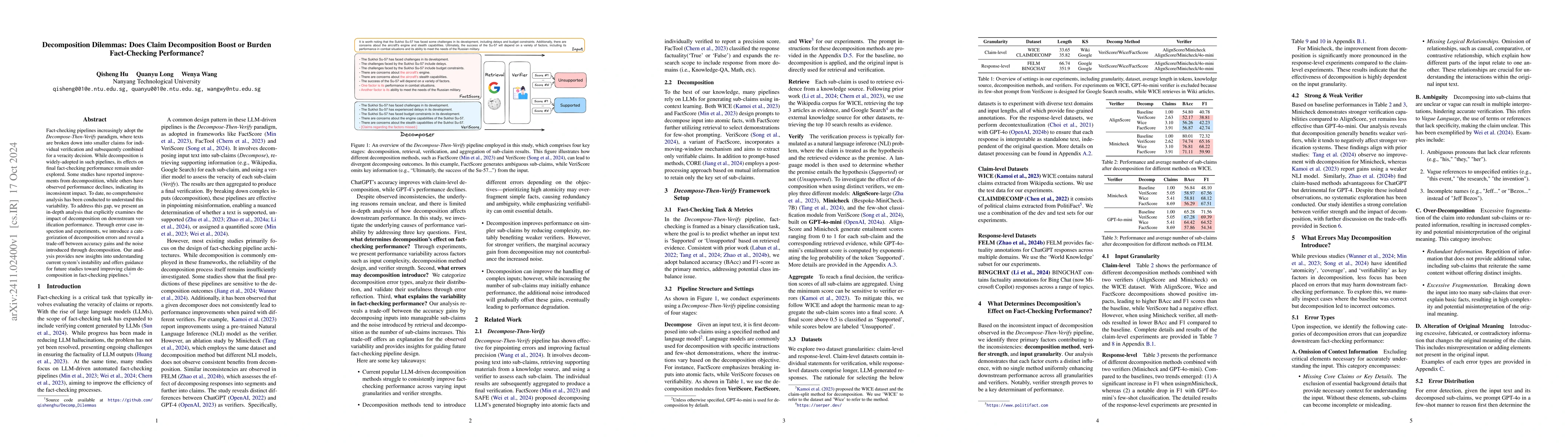 Thumbnail for Decomposition Dilemmas: Does Claim Decomposition Boost or Burden
  Fact-Checking Performance?
