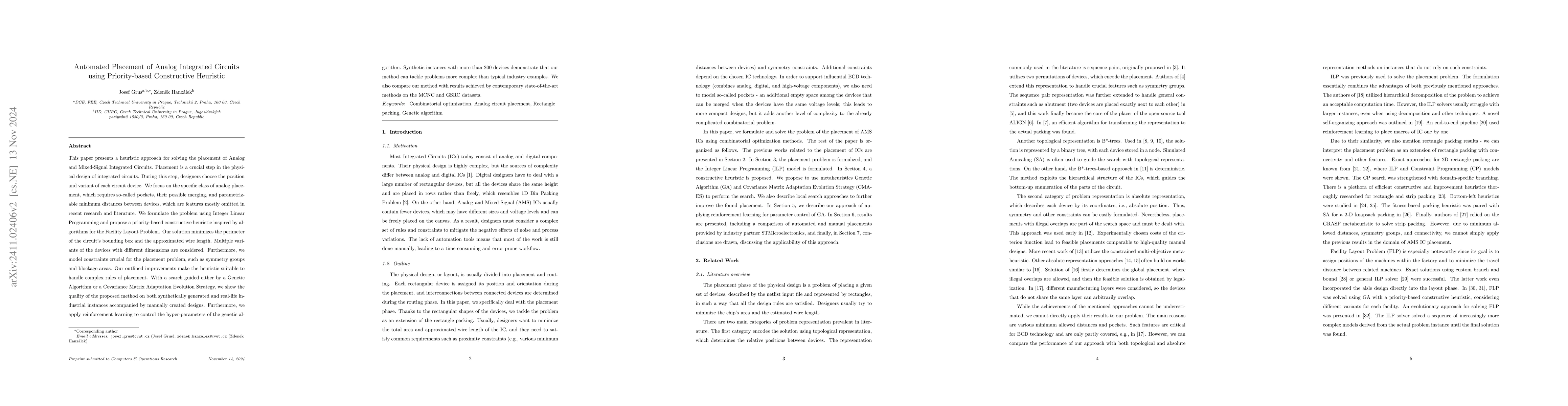 Thumbnail for Automated Placement of Analog Integrated Circuits using Priority-based
  Constructive Heuristic