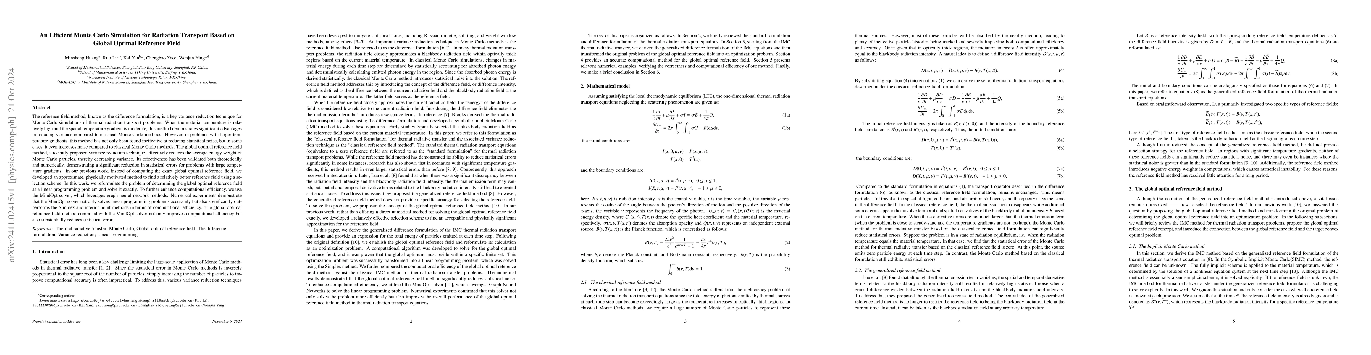 Thumbnail for An Efficient Monte Carlo Simulation for Radiation Transport Based on
  Global Optimal Reference Field