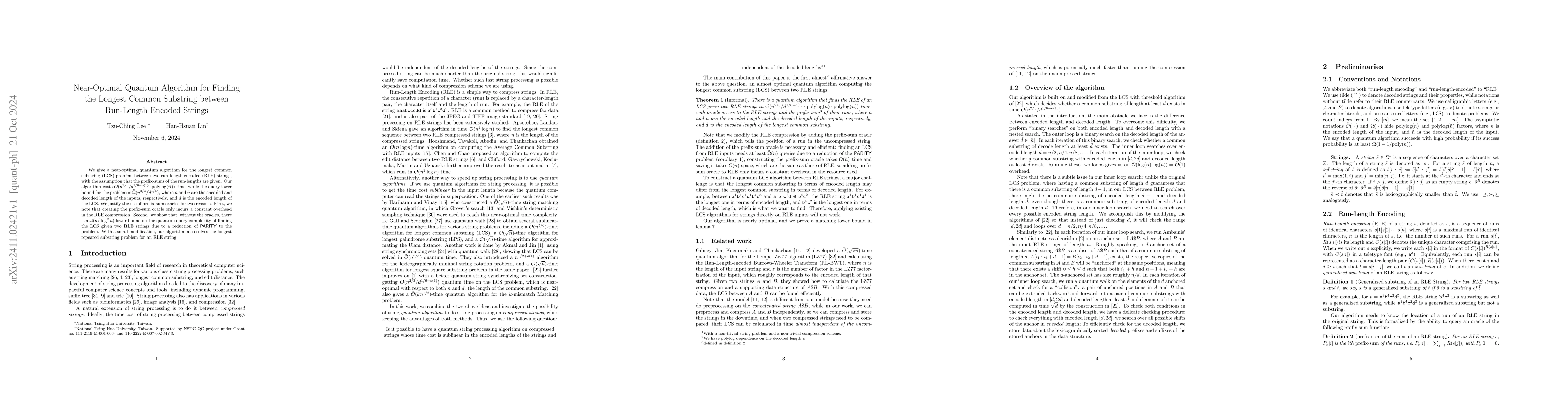 Thumbnail for Near-Optimal Quantum Algorithm for Finding the Longest Common Substring
  between Run-Length Encoded Strings