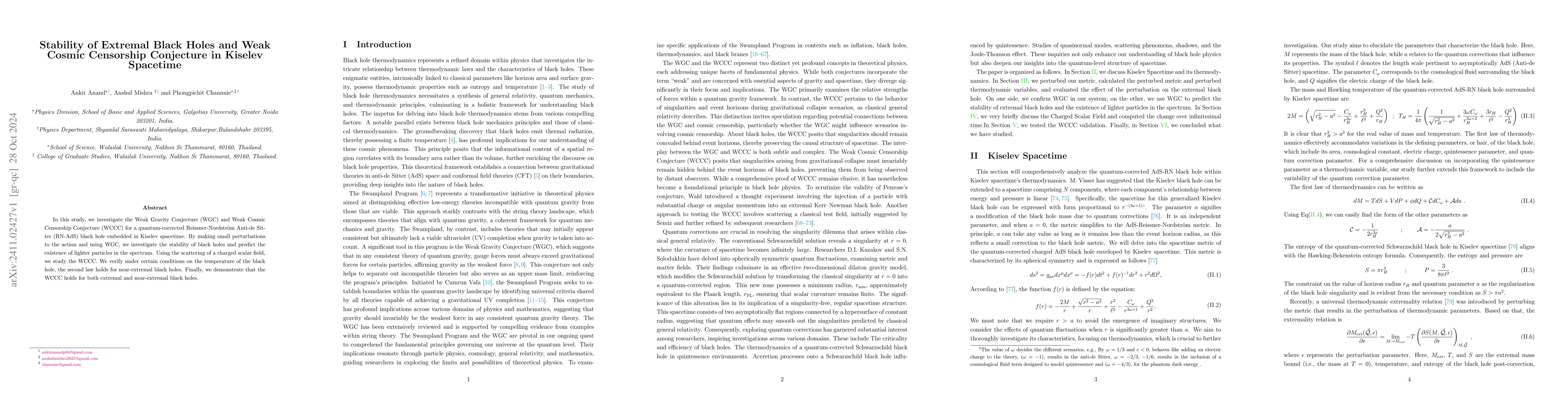 Thumbnail for Stability of Extremal Black Holes and Weak Cosmic Censorship Conjecture
  in Kiselev Spacetime