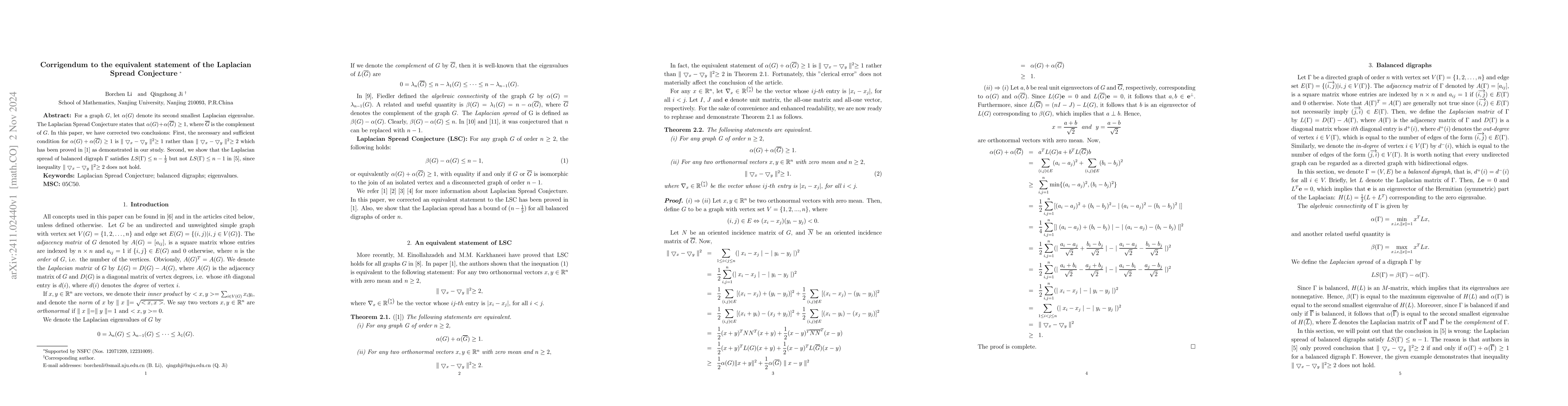 Thumbnail for Corrigendum to the equivalent statement of the Laplacian Spread
  Conjecture