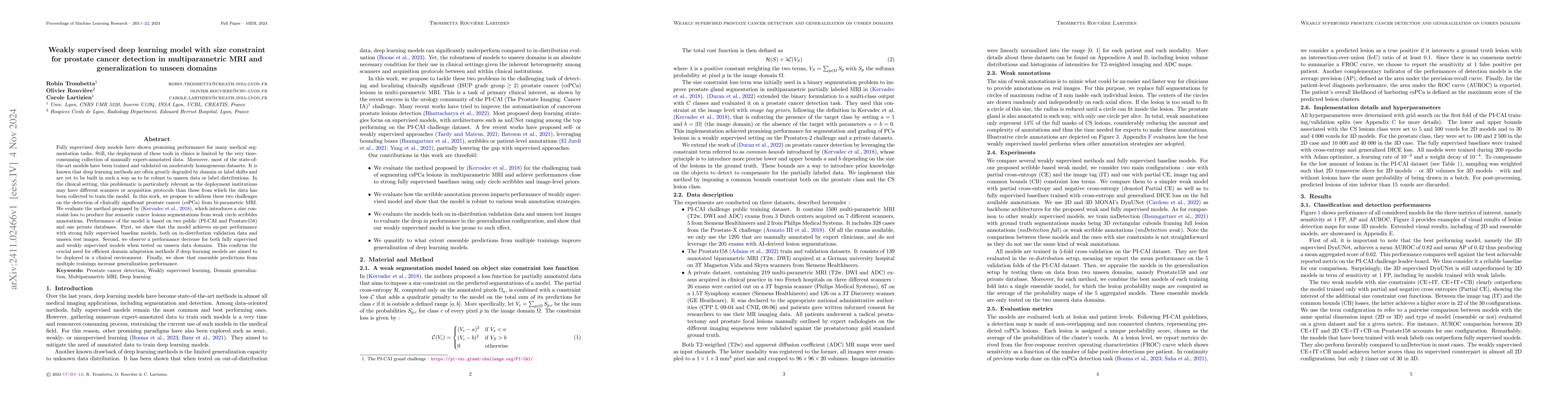 Thumbnail for Weakly supervised deep learning model with size constraint for prostate
  cancer detection in multiparametric MRI and generalization to unseen domains