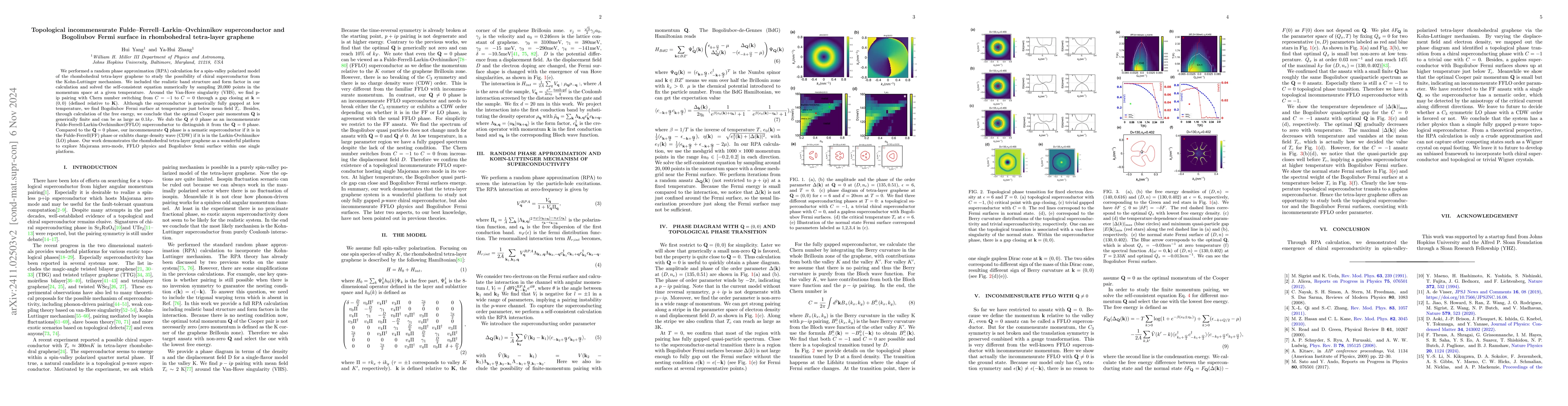 Thumbnail for Topological incommensurate Fulde-Ferrell-Larkin-Ovchinnikov
  superconductor and Bogoliubov Fermi surface in rhombohedral tetra-layer
  graphene