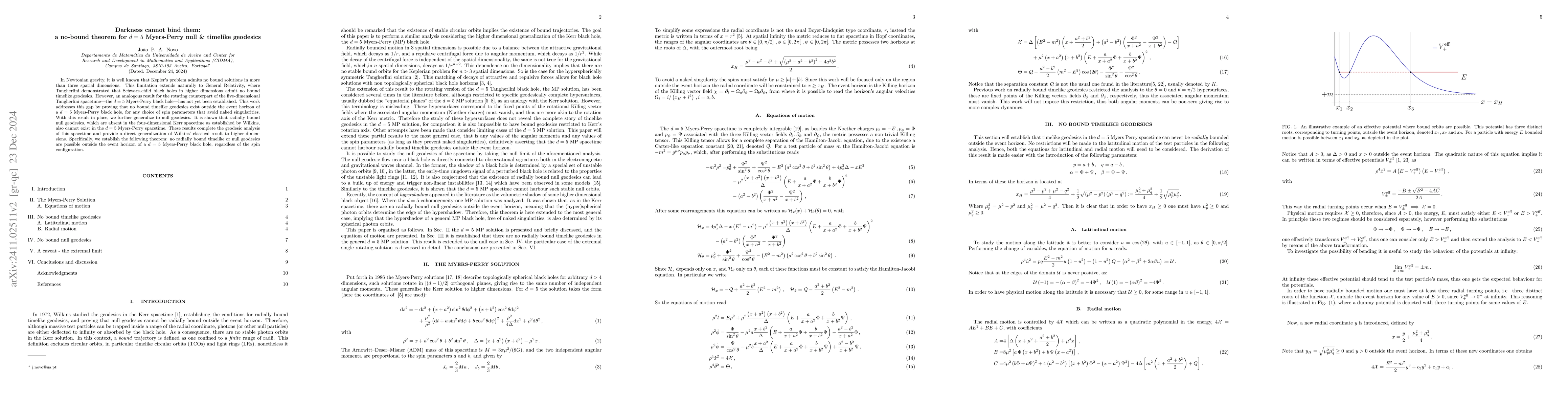 Thumbnail for Darkness cannot bind them: a no-bound theorem for $d=5$ Myers-Perry null
  geodesics