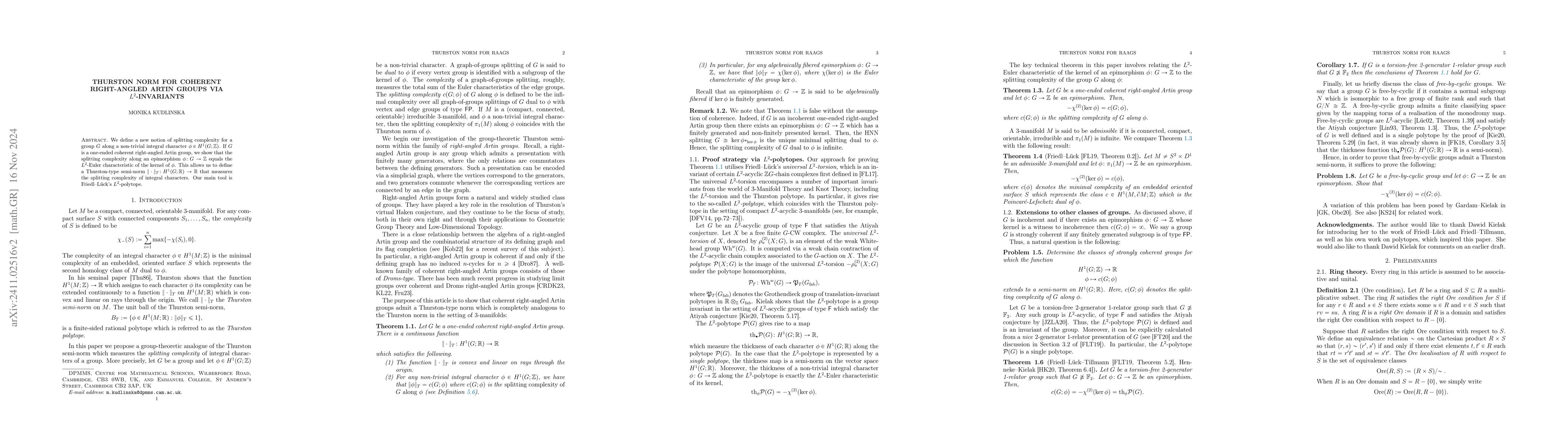 Thumbnail for Thurston norm for coherent right-angled Artin groups via
  $L^2$-invariants