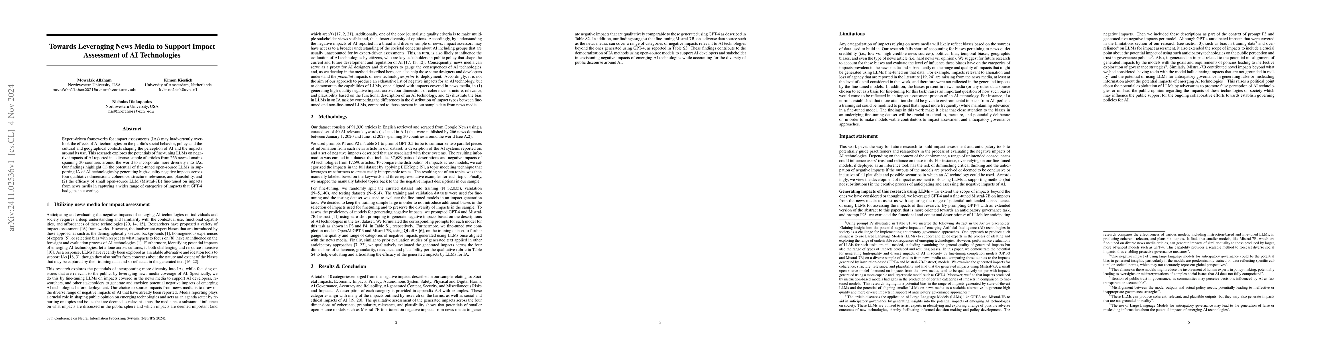 Thumbnail for Towards Leveraging News Media to Support Impact Assessment of AI
  Technologies