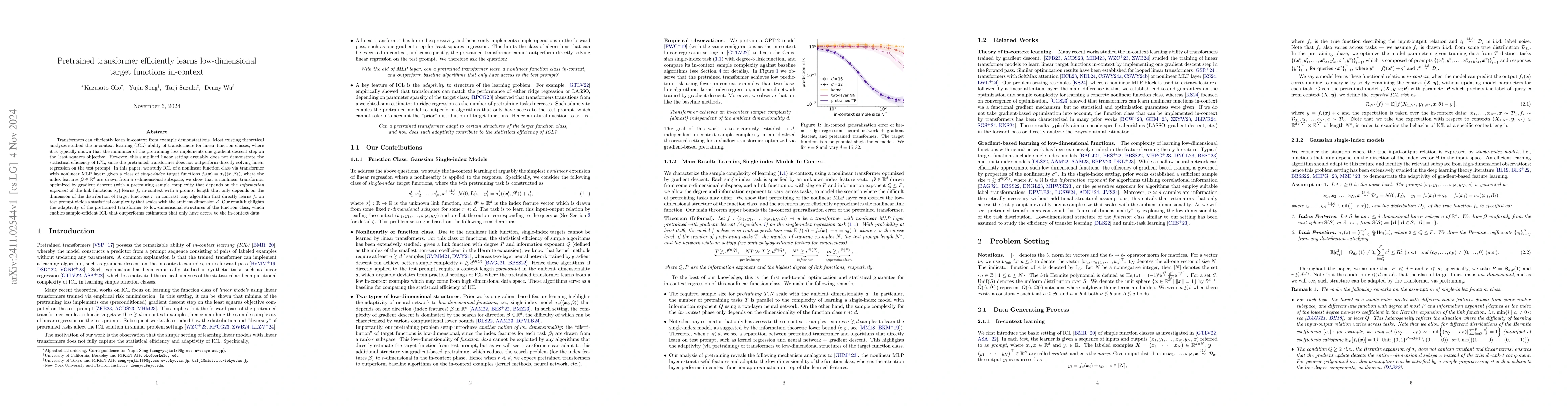Thumbnail for Pretrained transformer efficiently learns low-dimensional target
  functions in-context