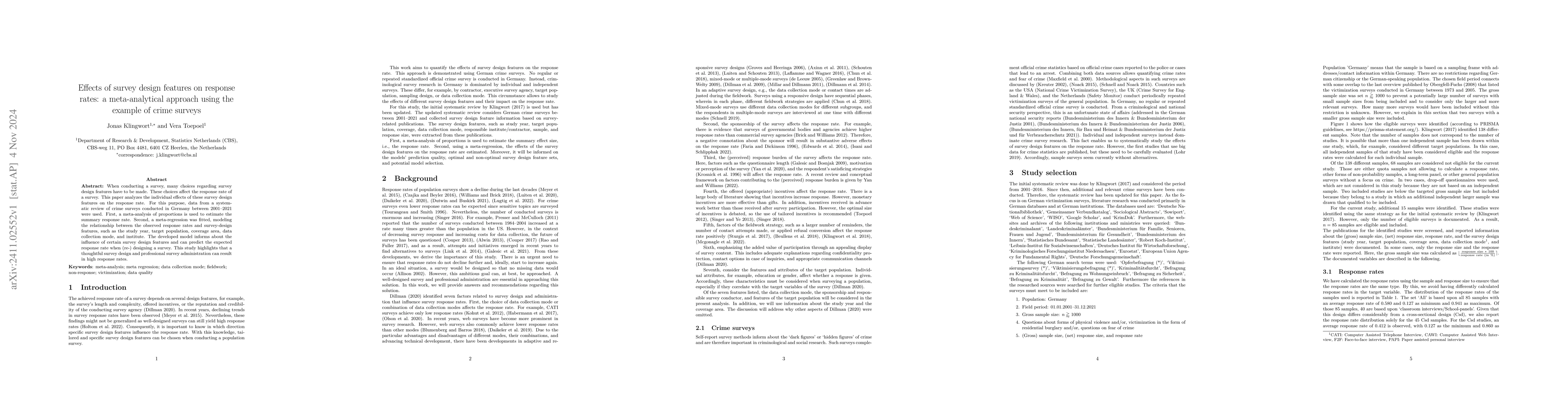 Thumbnail for Effects of survey design features on response rates: a meta-analytical
  approach using the example of crime surveys