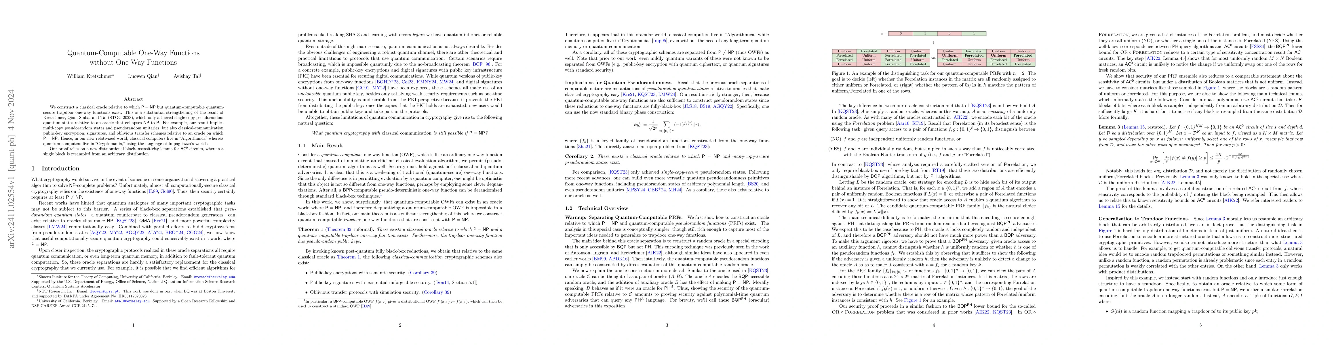 Thumbnail for Quantum-Computable One-Way Functions without One-Way Functions