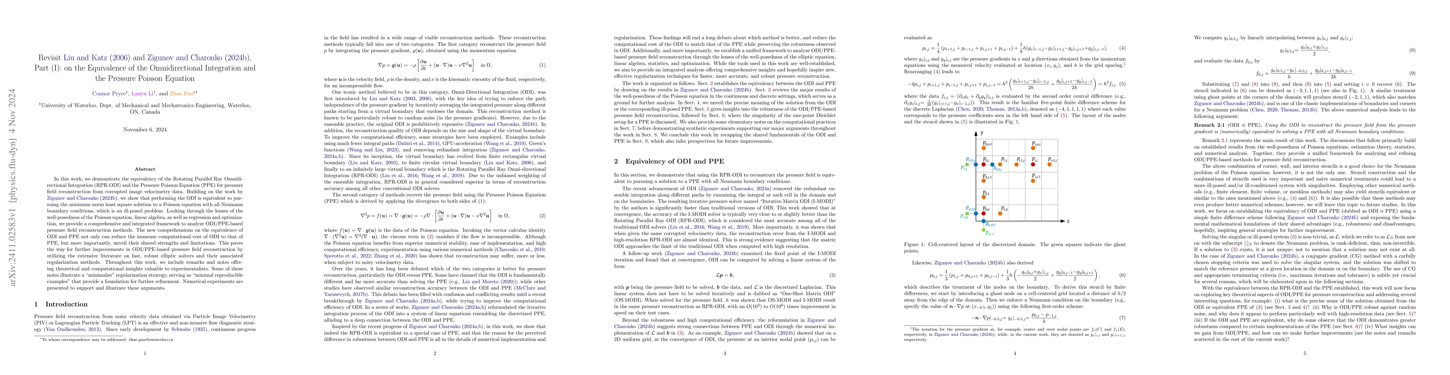 Thumbnail for Revisit Liu and Katz (2006) and Zigunov and Charonko (2024b), Part (I):
  on the Equivalence of the Omnidirectional Integration and the Pressure
  Poisson Equation