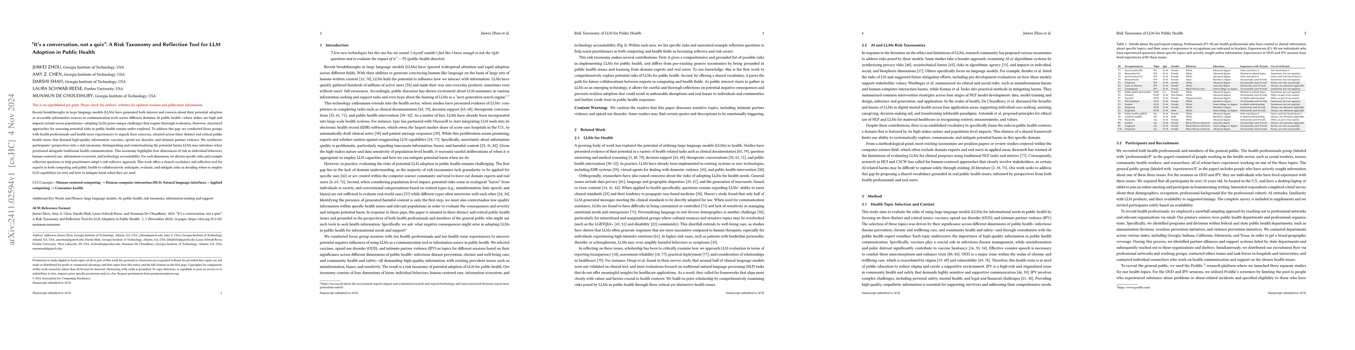 Thumbnail for "It's a conversation, not a quiz": A Risk Taxonomy and Reflection Tool
  for LLM Adoption in Public Health