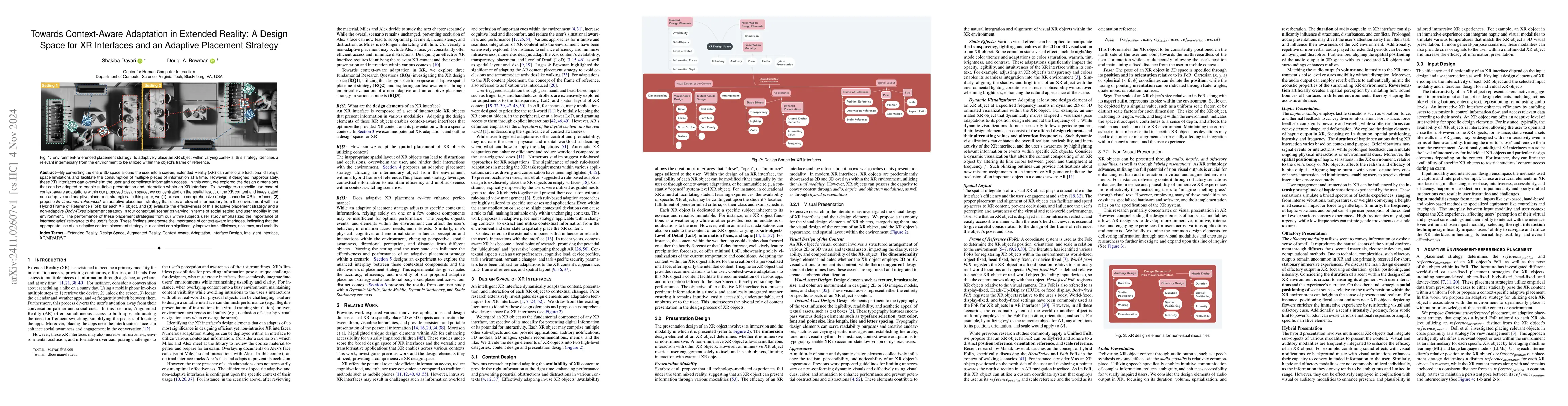 Thumbnail for Towards Context-Aware Adaptation in Extended Reality: A Design Space for
  XR Interfaces and an Adaptive Placement Strategy