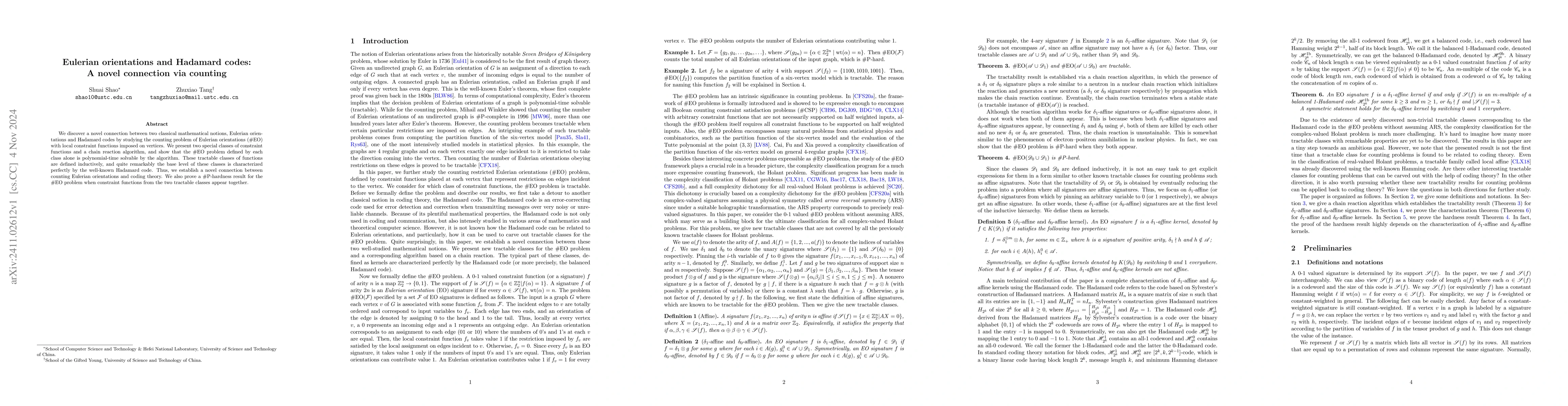 Thumbnail for Eulerian orientations and Hadamard codes: A novel connection via
  counting