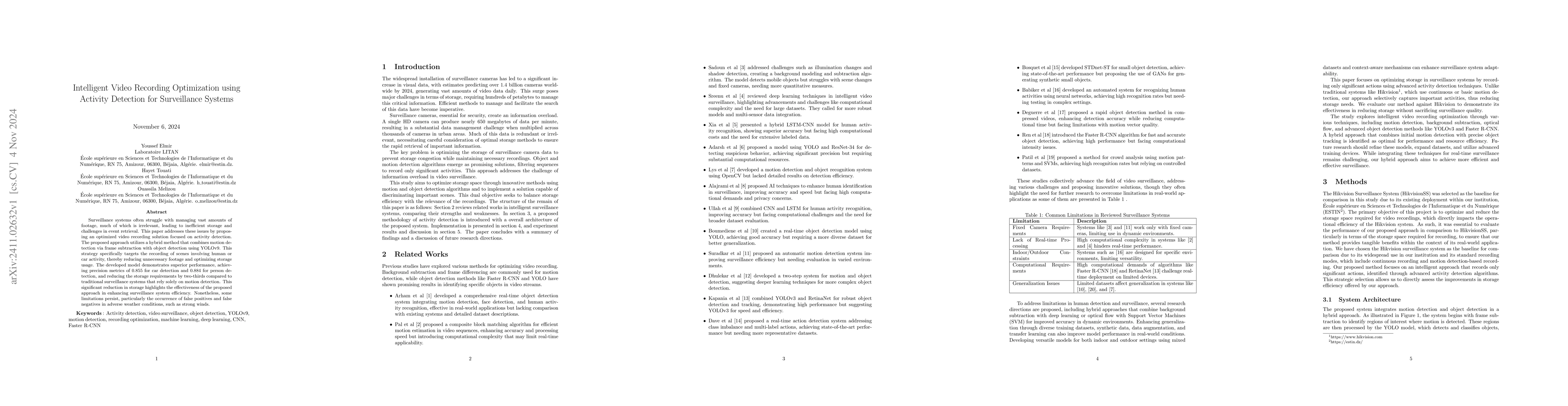 Thumbnail for Intelligent Video Recording Optimization using Activity Detection for
  Surveillance Systems