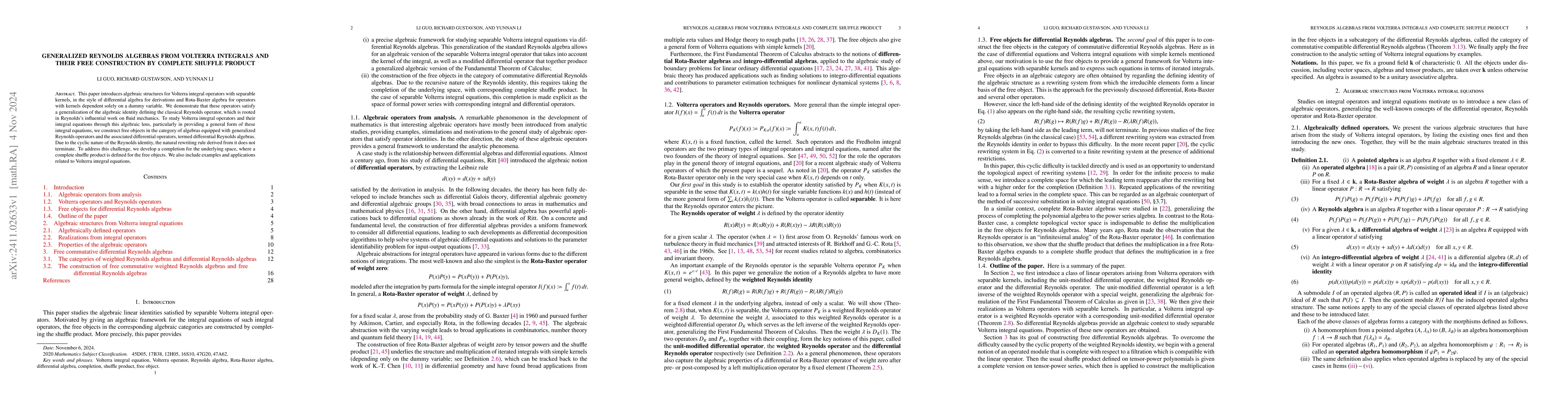 Thumbnail for Generalized Reynolds algebras from Volterra integrals and their free
  construction by complete shuffle product