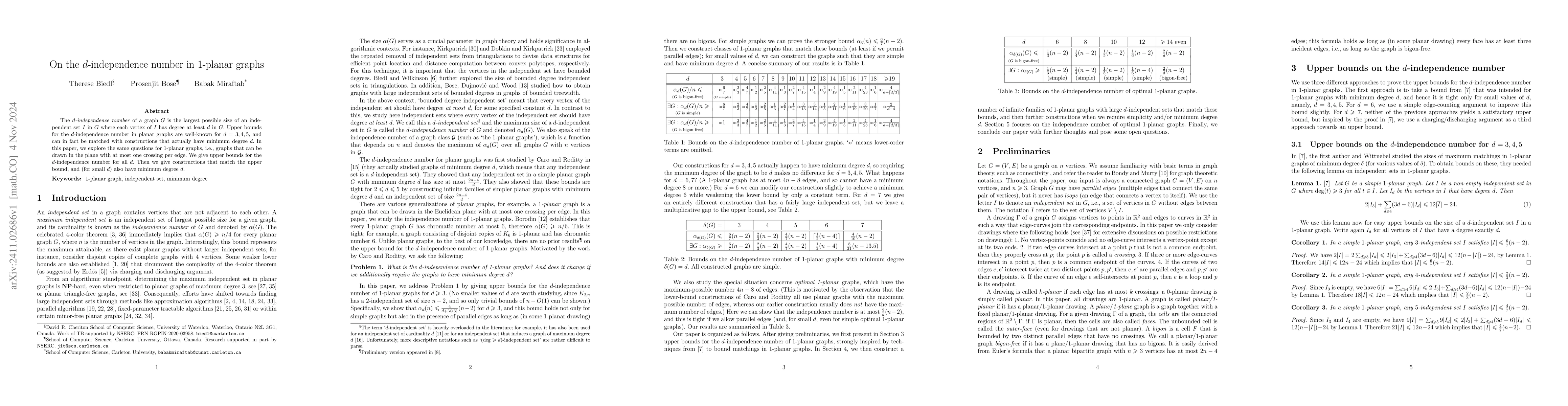 Thumbnail for On the $d$-independence number in 1-planar graphs