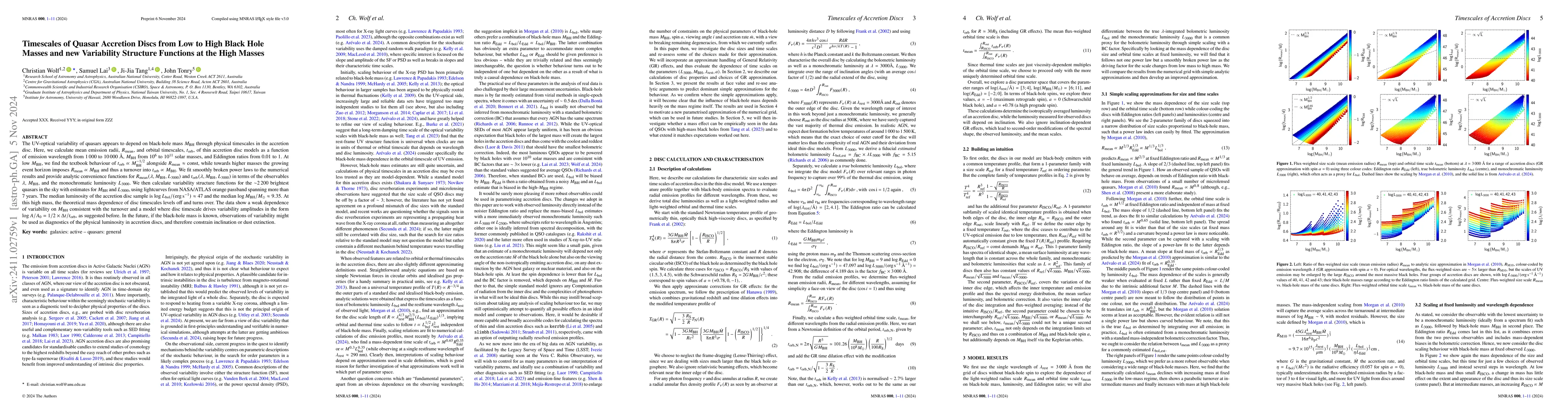 Thumbnail for Timescales of Quasar Accretion Discs from Low to High Black Hole Masses
  and new Variability Structure Functions at the High Masses