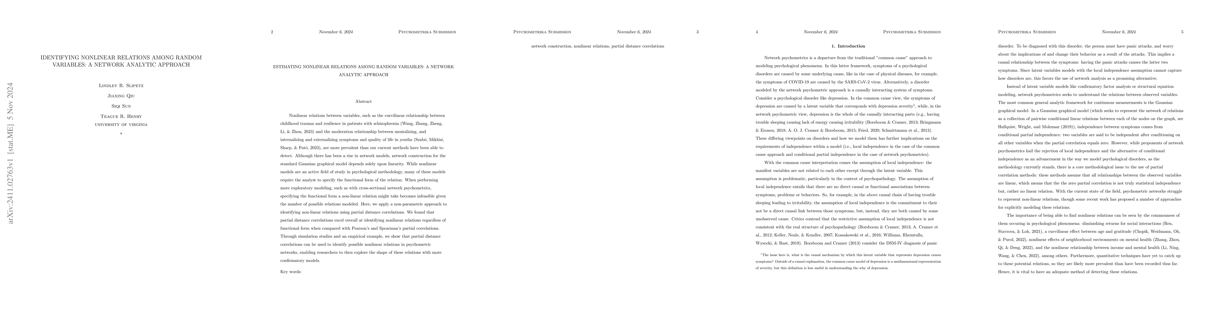 Thumbnail for Identifying nonlinear relations among random variables: A network
  analytic approach