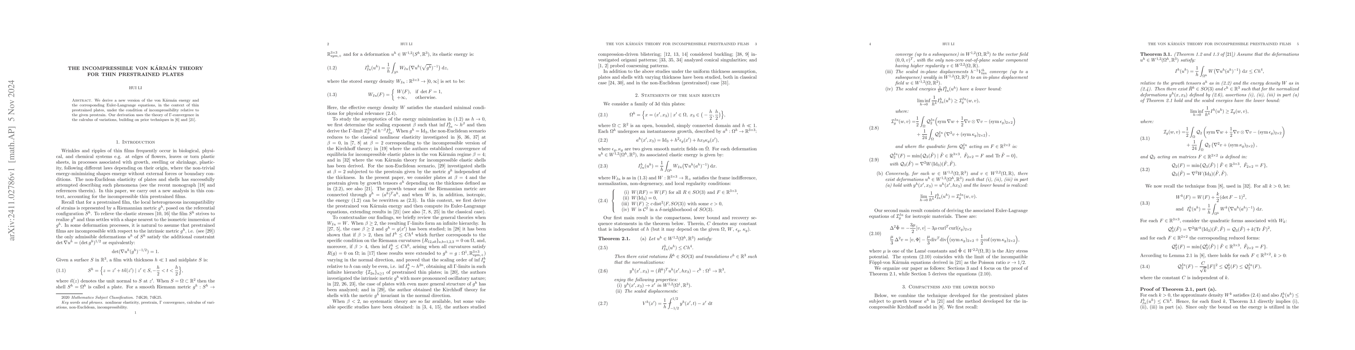 Thumbnail for The incompressible von Kármán theory for thin prestrained plates