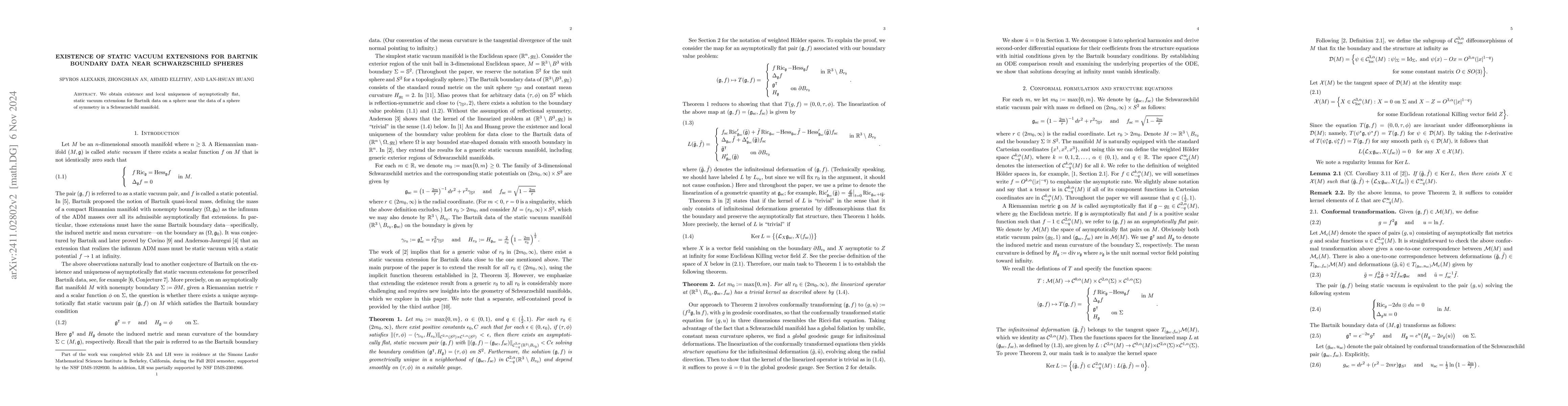 Thumbnail for Existence of static vacuum extensions for Bartnik boundary data near
  Schwarzschild spheres