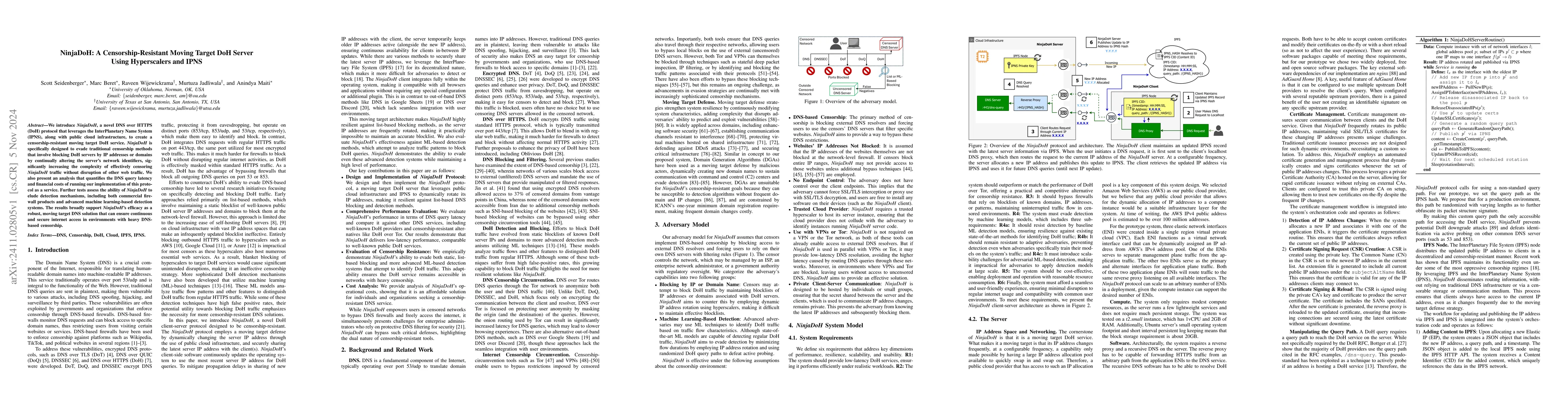 Thumbnail for NinjaDoH: A Censorship-Resistant Moving Target DoH Server Using
  Hyperscalers and IPNS