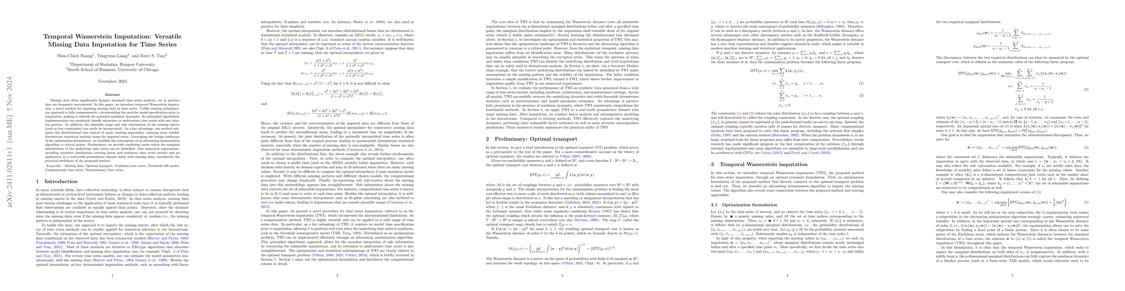 Thumbnail for Temporal Wasserstein Imputation: Versatile Missing Data Imputation for
  Time Series