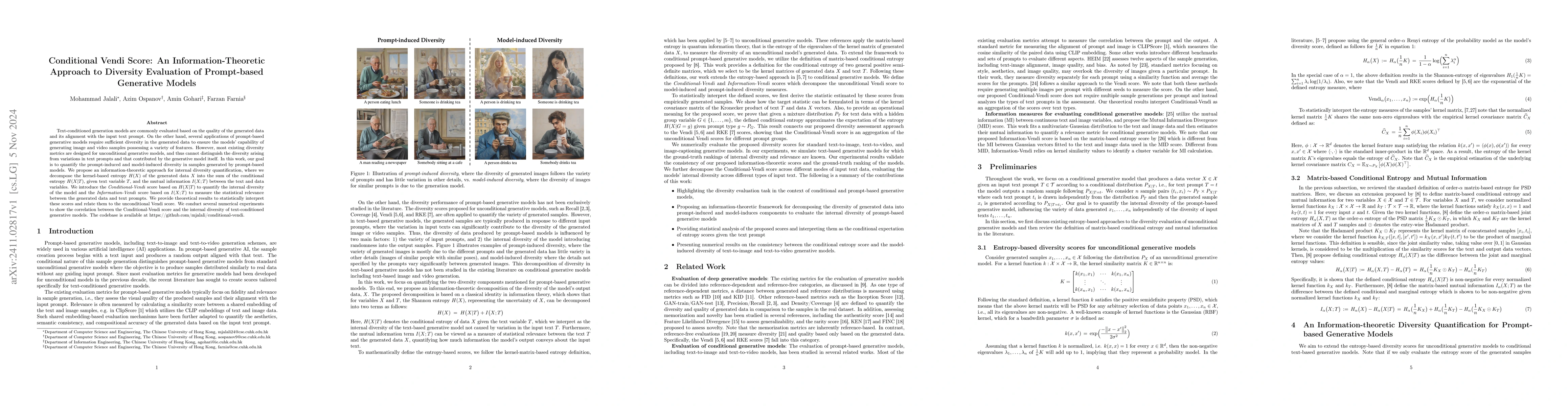 Thumbnail for Conditional Vendi Score: An Information-Theoretic Approach to Diversity
  Evaluation of Prompt-based Generative Models
