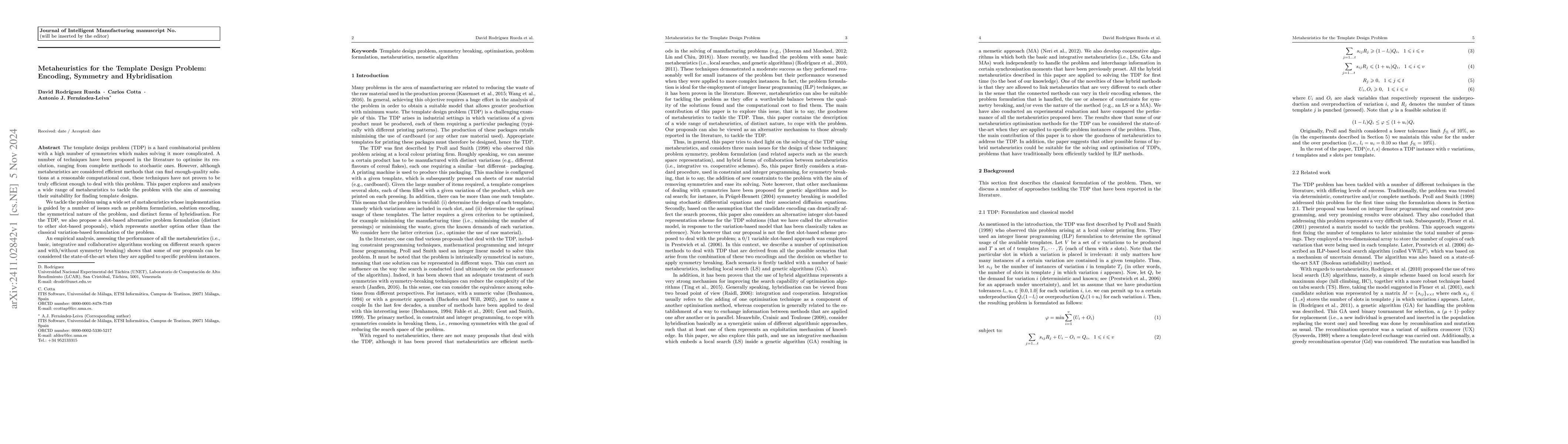 Thumbnail for Metaheuristics for the Template Design Problem: Encoding, Symmetry and
  Hybridisation