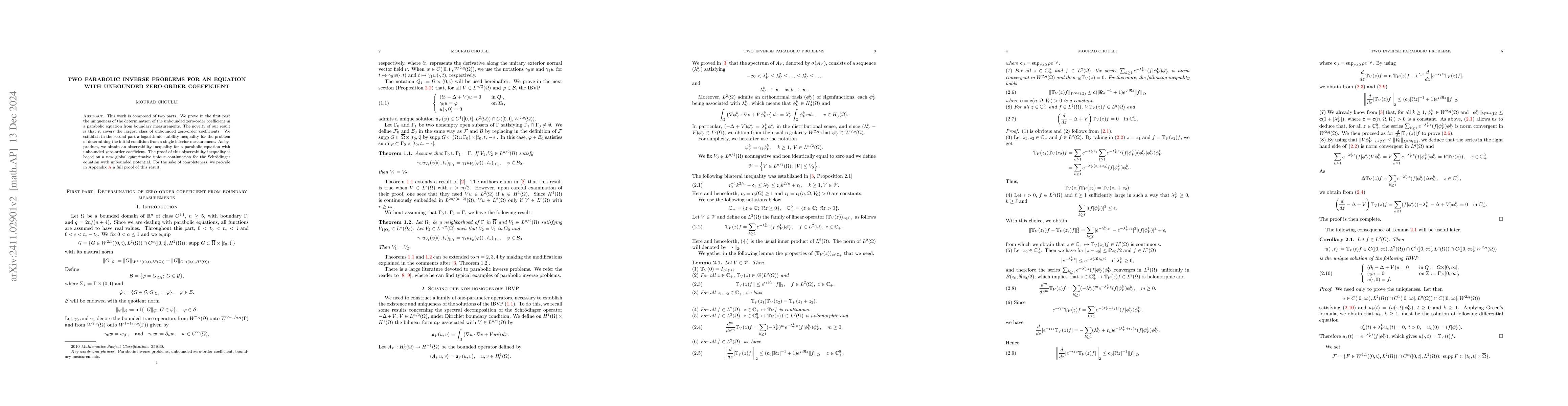 Thumbnail for Two parabolic inverse problems for an equation with unbounded zero-order
  coefficient
