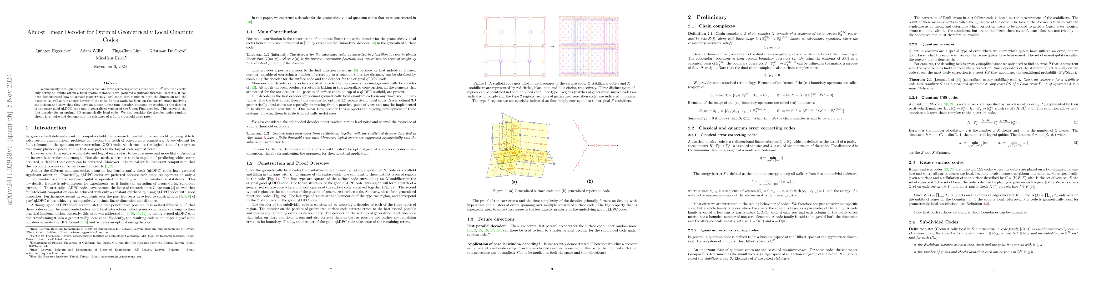 Thumbnail for Almost Linear Decoder for Optimal Geometrically Local Quantum Codes