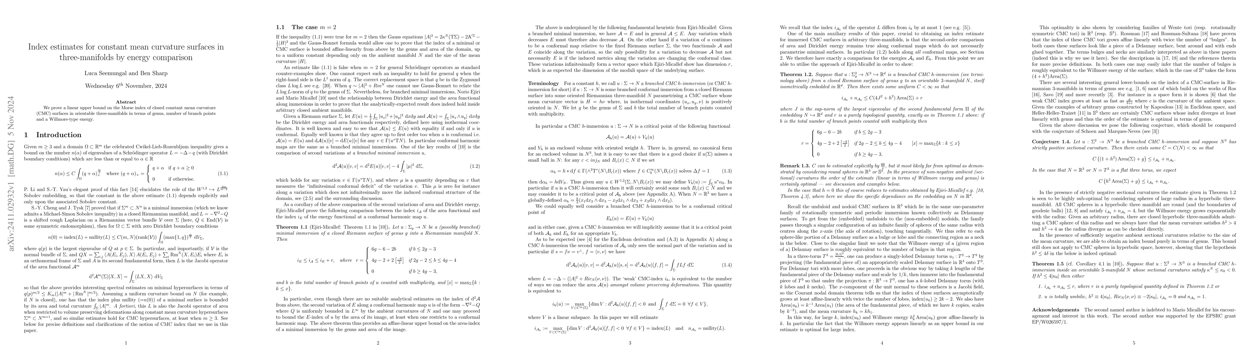 Thumbnail for Index estimates for constant mean curvature surfaces in three-manifolds
  by energy comparison