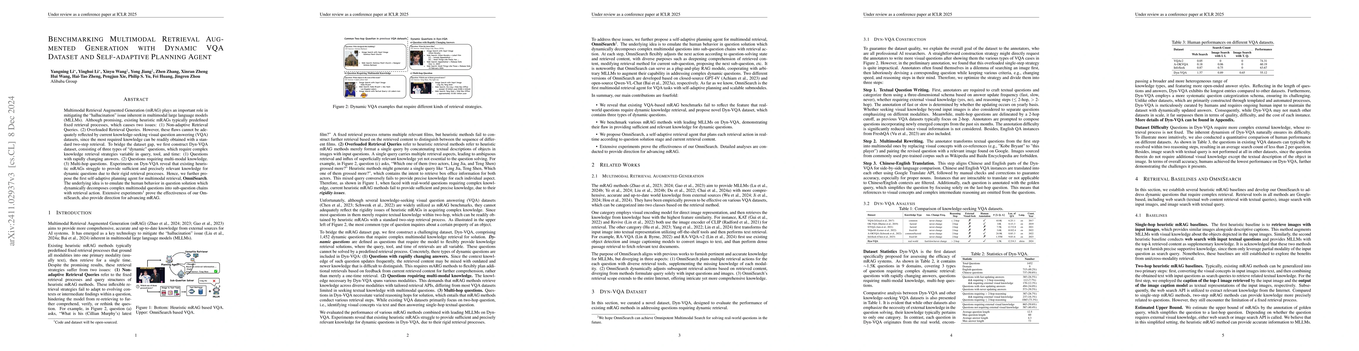 Thumbnail for Benchmarking Multimodal Retrieval Augmented Generation with Dynamic VQA
  Dataset and Self-adaptive Planning Agent