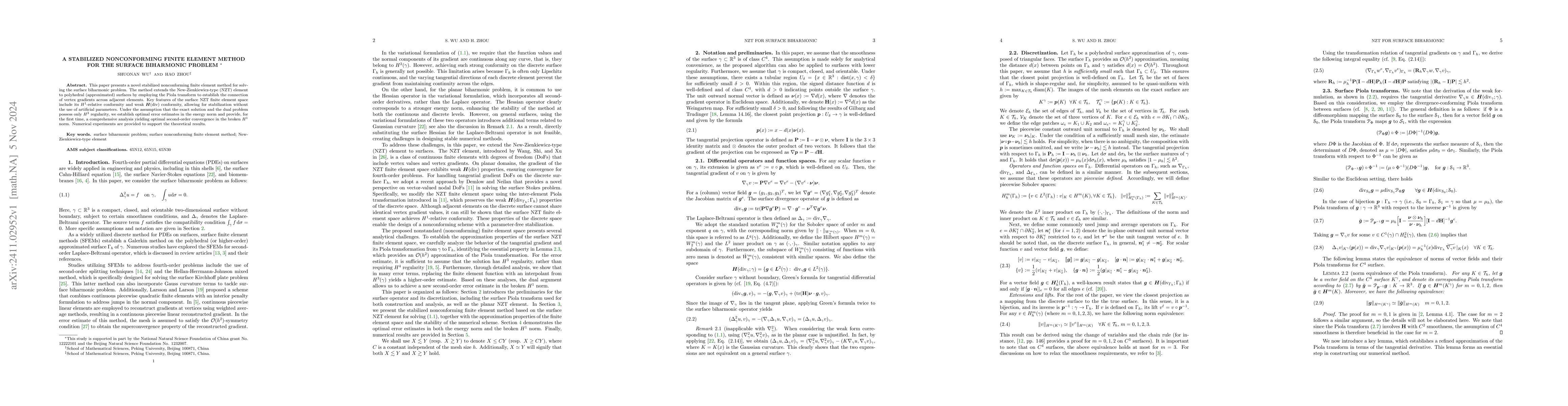 Thumbnail for A stabilized nonconforming finite element method for the surface
  biharmonic problem