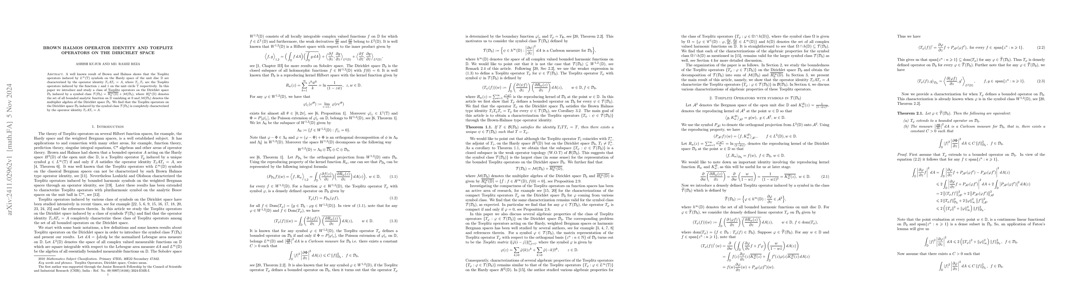 Thumbnail for Brown Halmos Operator Identity and Toeplitz Operators on the Dirichlet
  Space