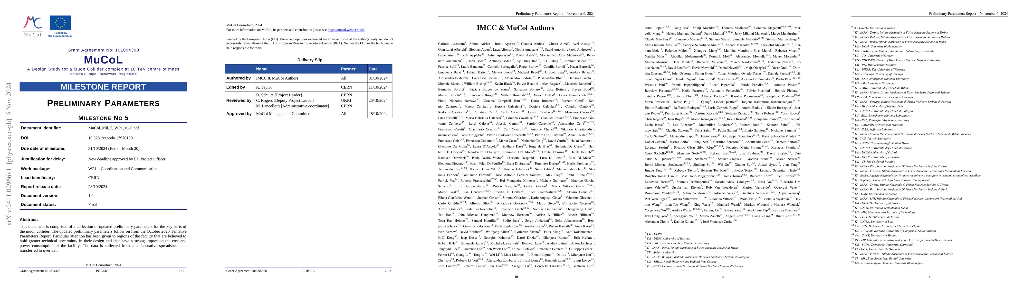 Thumbnail for MuCol Milestone Report No. 5: Preliminary Parameters