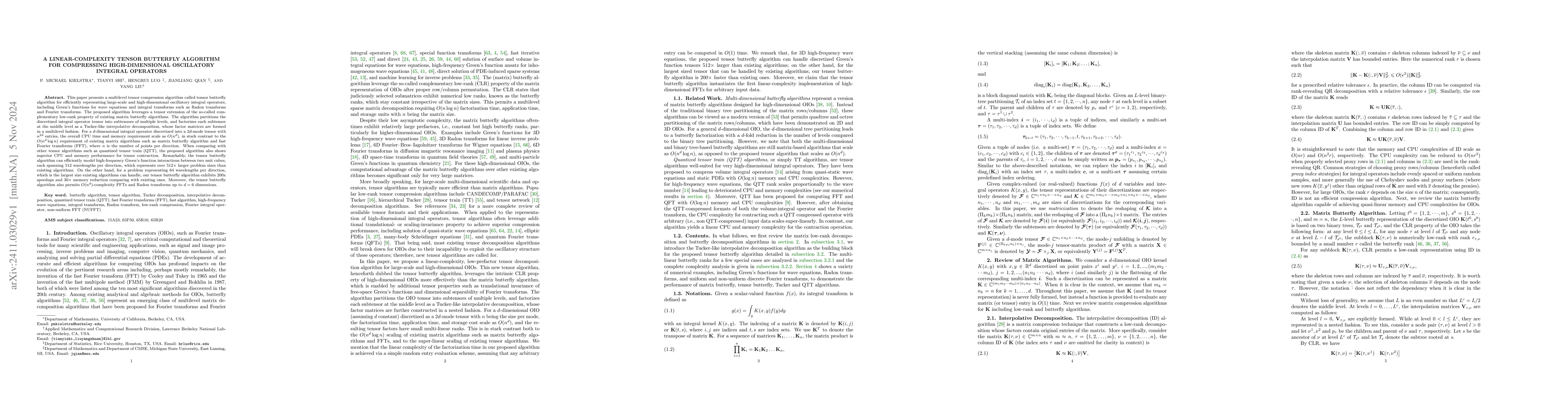 Thumbnail for A Linear-complexity Tensor Butterfly Algorithm for Compressing
  High-dimensional Oscillatory Integral Operators