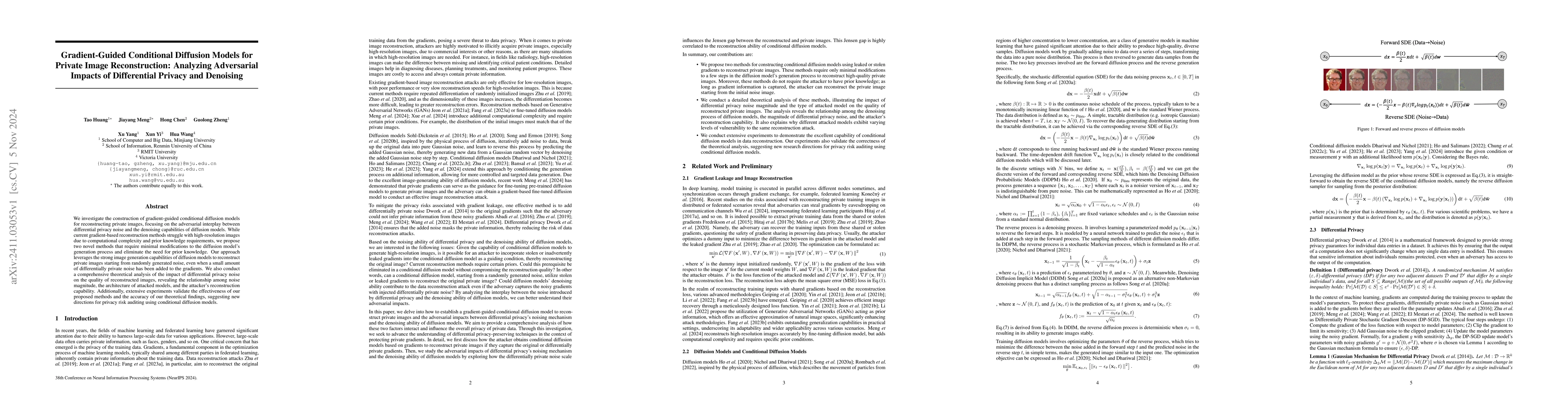 Thumbnail for Gradient-Guided Conditional Diffusion Models for Private Image
  Reconstruction: Analyzing Adversarial Impacts of Differential Privacy and
  Denoising