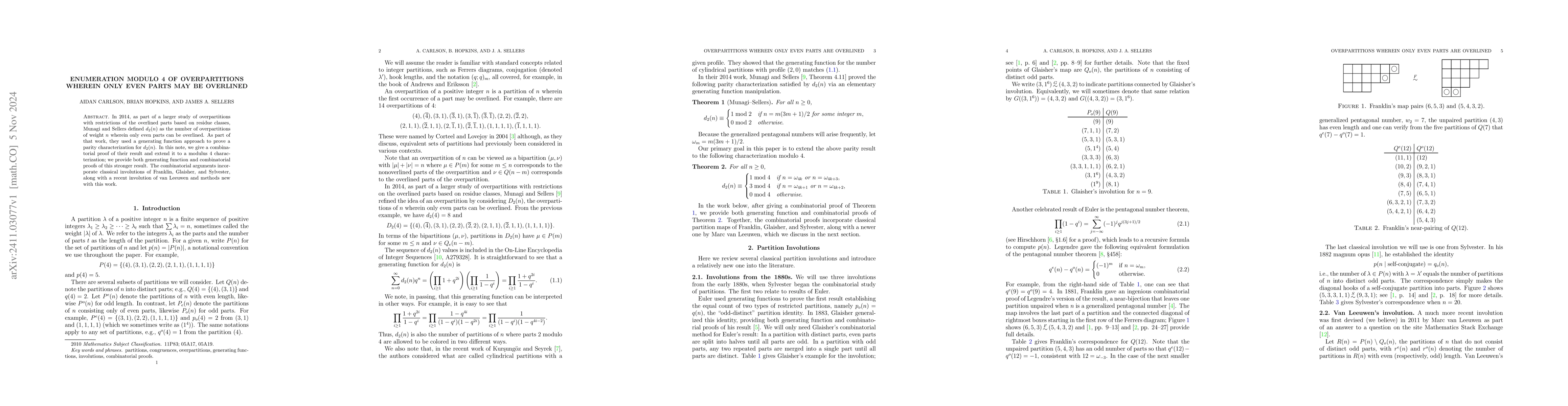Thumbnail for Enumeration modulo 4 of overpartitions wherein only even parts can be
  overlined