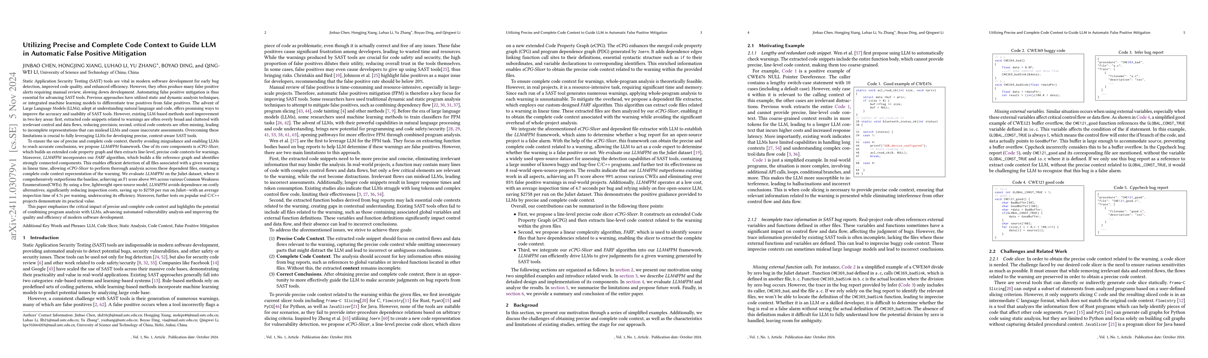 Thumbnail for Utilizing Precise and Complete Code Context to Guide LLM in Automatic
  False Positive Mitigation