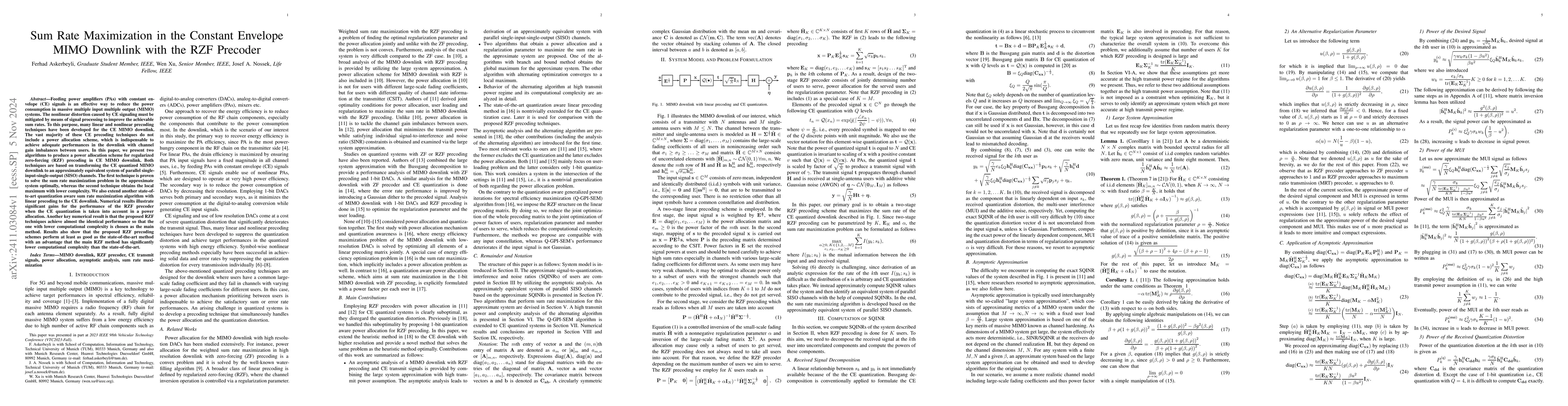 Thumbnail for Sum Rate Maximization in the Constant Envelope MIMO Downlink with the
  RZF Precoder