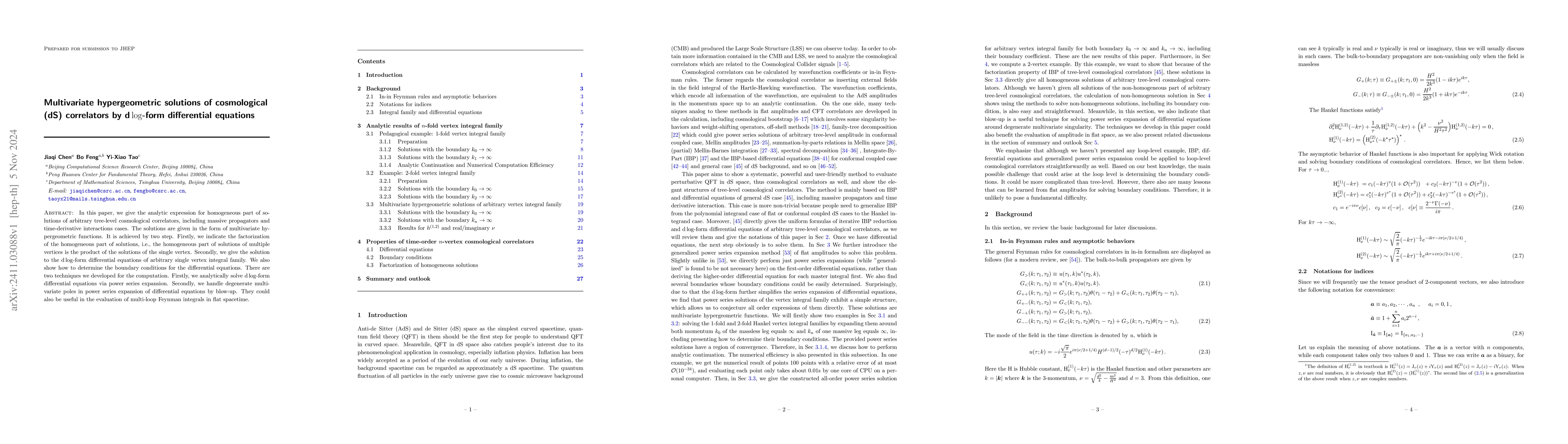 Thumbnail for Multivariate hypergeometric solutions of cosmological (dS) correlators
  by $\text{d} \log$-form differential equations