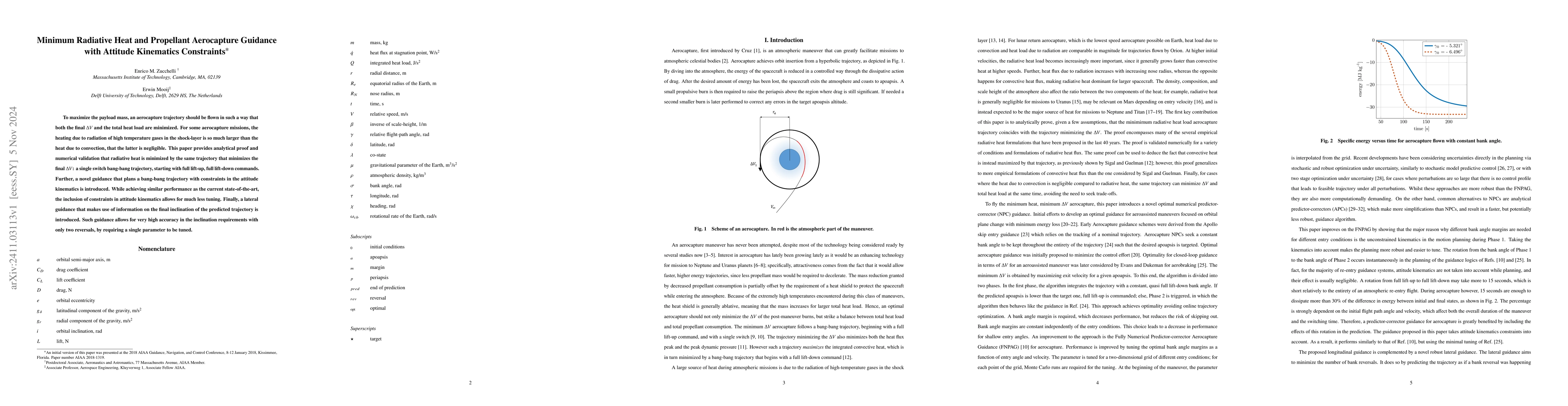 Thumbnail for Minimum Radiative Heat and Propellant Aerocapture Guidance with Attitude
  Kinematics Constraints